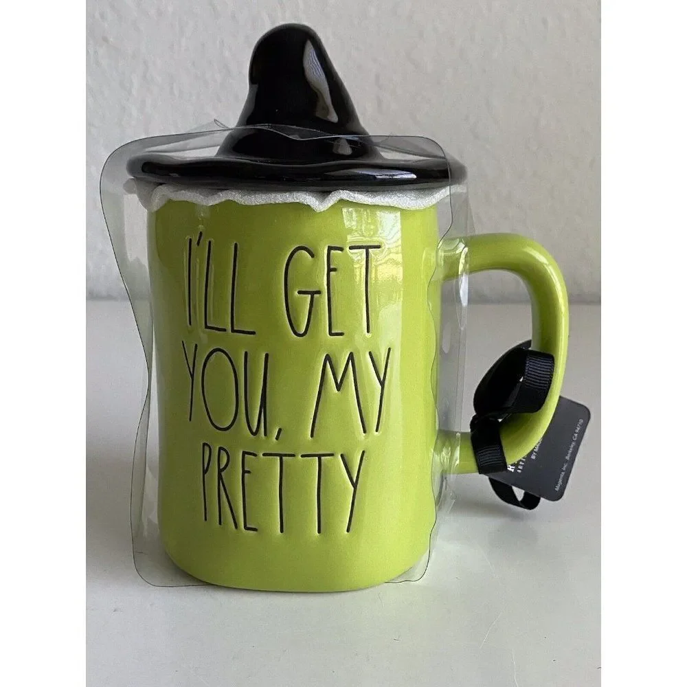 Rae Dunn Wizard of Oz Coffee Mug Green Wicked Witch Hat Topper Get You My Pretty